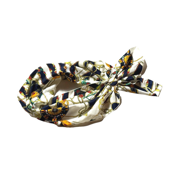 Vintage Neck Wrap Satin Scarf Navy Blue Gold White Silky Brooch Accessory Piece - Picture 1 of 5